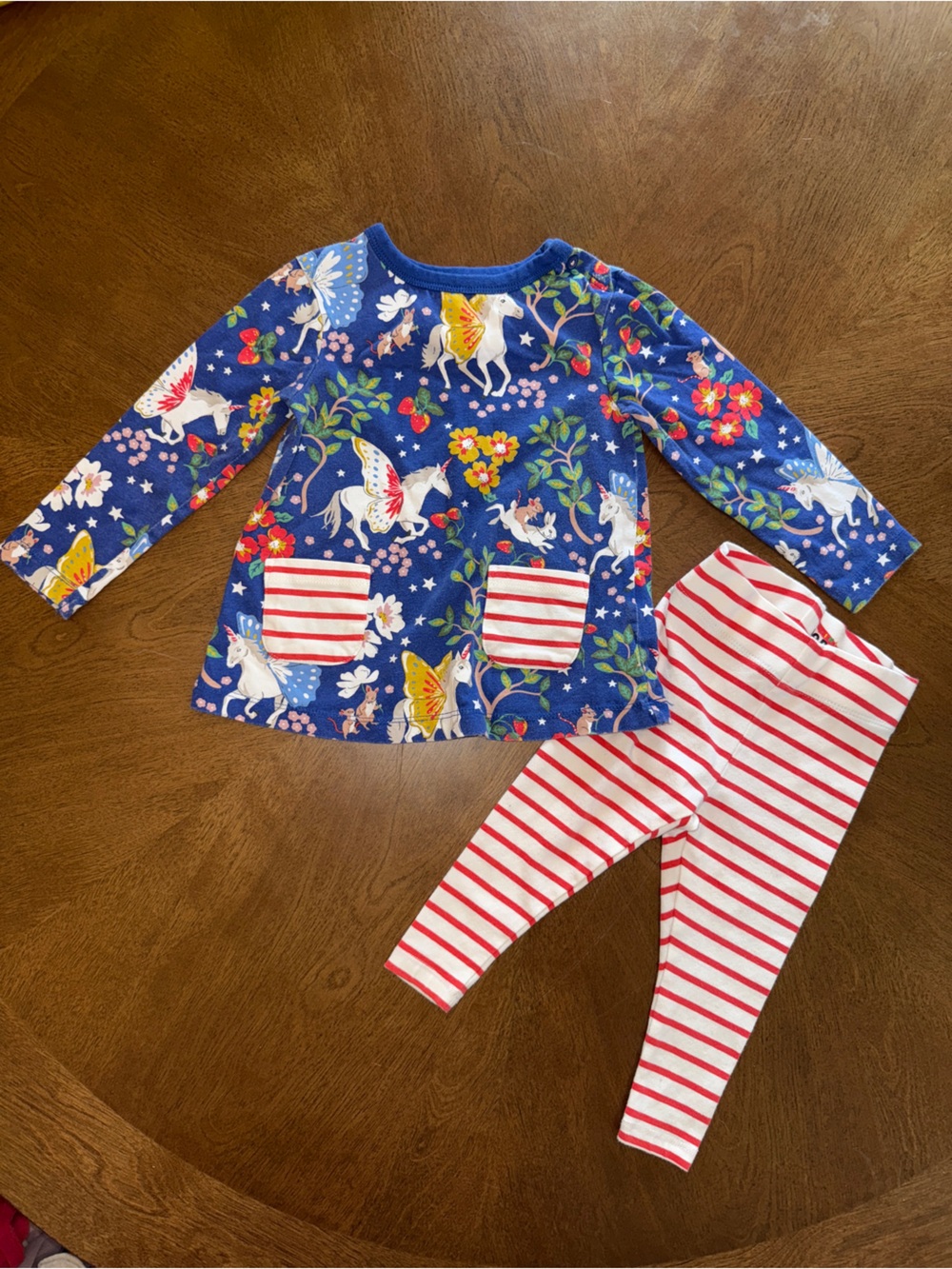Mini Boden Girls Blue Unicorn & Floral Top with Red-White Striped Leggings